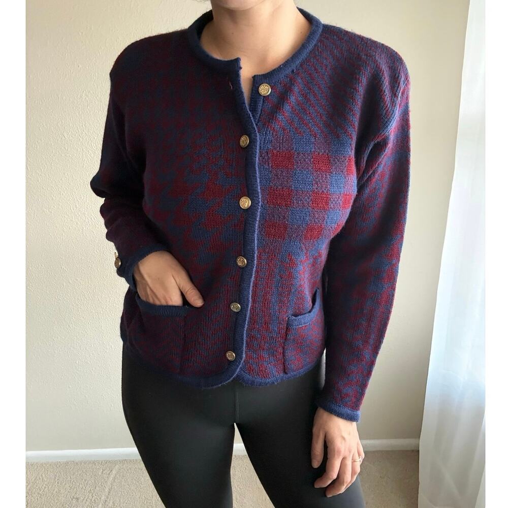 Vintage Tally-Ho Knit plaid Cardigan old money preppy equestrian christmas